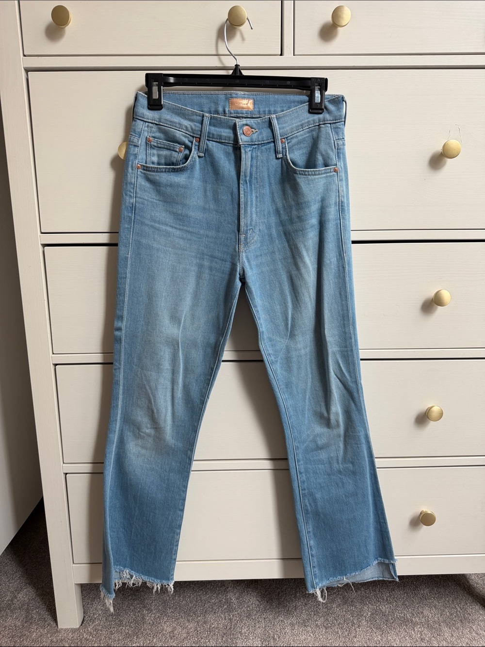 MOTHER Insider crop step fray Light Blue Straight-Leg Women’s Jeans with Raw Hem
